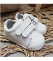 Zapatilla Primeros Pasos Respetuosa De Piel Reforzado Blanco Rosa Dos Velcros 19-24