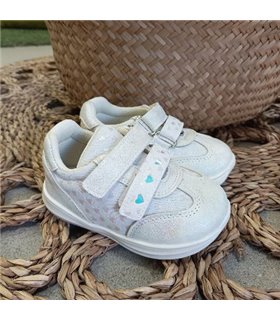 Zapatillas Corazones Brillos Dos Velcros  Blanco 19-25